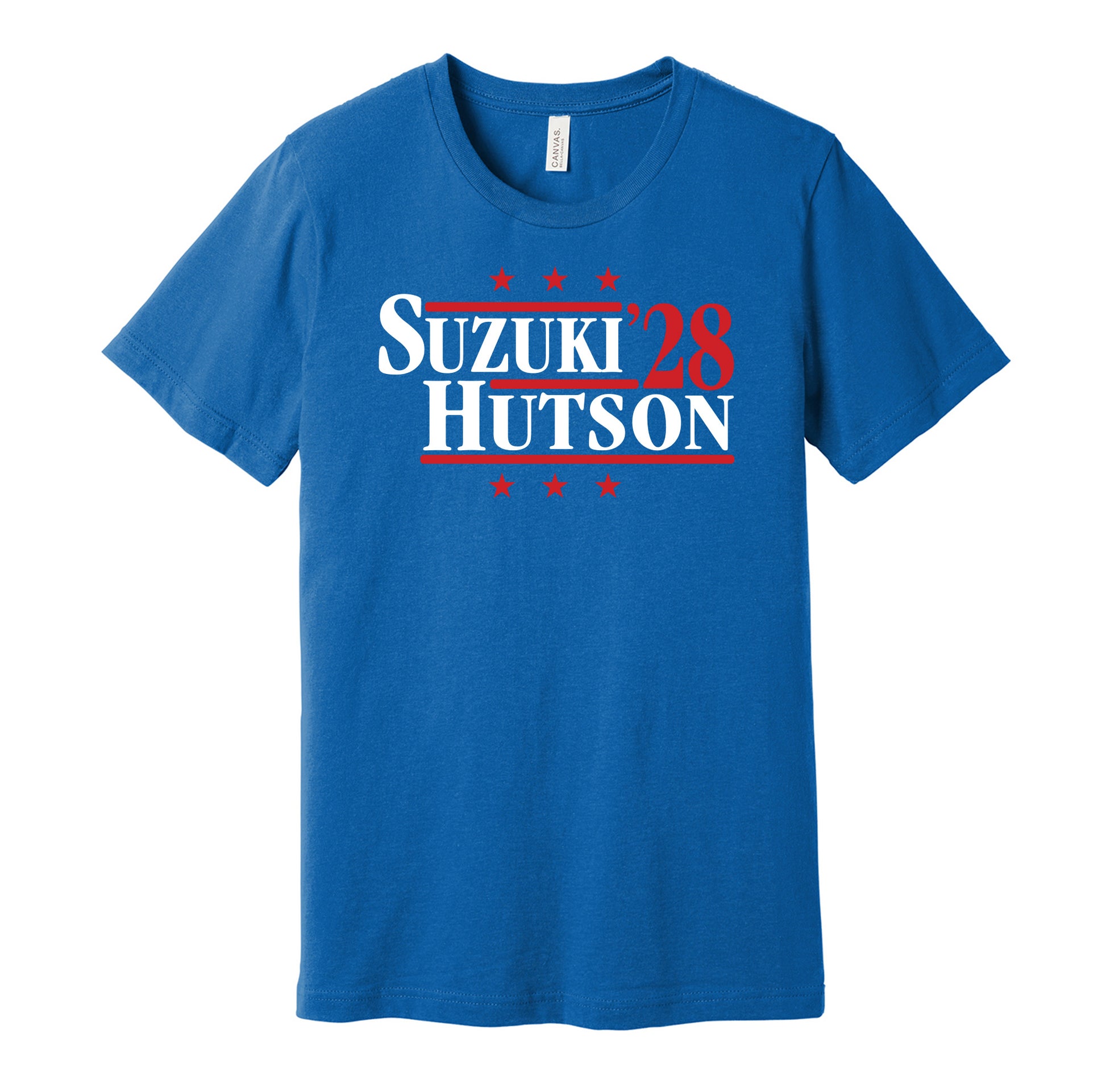 Montreal Canadiens retro political campaign parody blue t-shirt featuring Nick Suzuki and Lane Hutson '28, designed in a vintage election style by Hyper Than Hype Shirts.