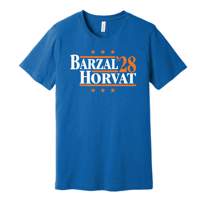 New York Islanders retro political campaign parody blue t-shirt featuring Mathew Barzal and Bo Horvat '28 design