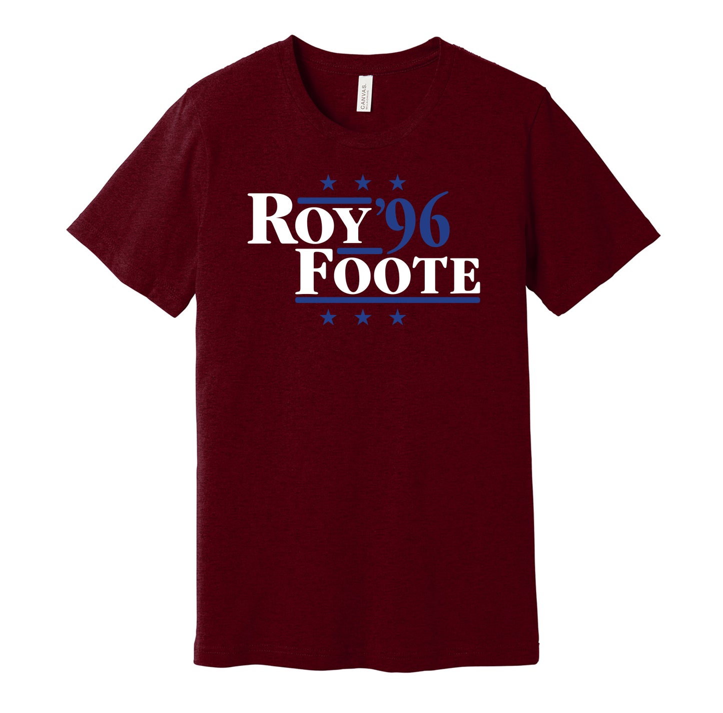 Colorado Avalanche retro political campaign parody burgundy t-shirt featuring Patrick Roy and Adam Foote '96, designed in a vintage election style by Hyper Than Hype Shirts.