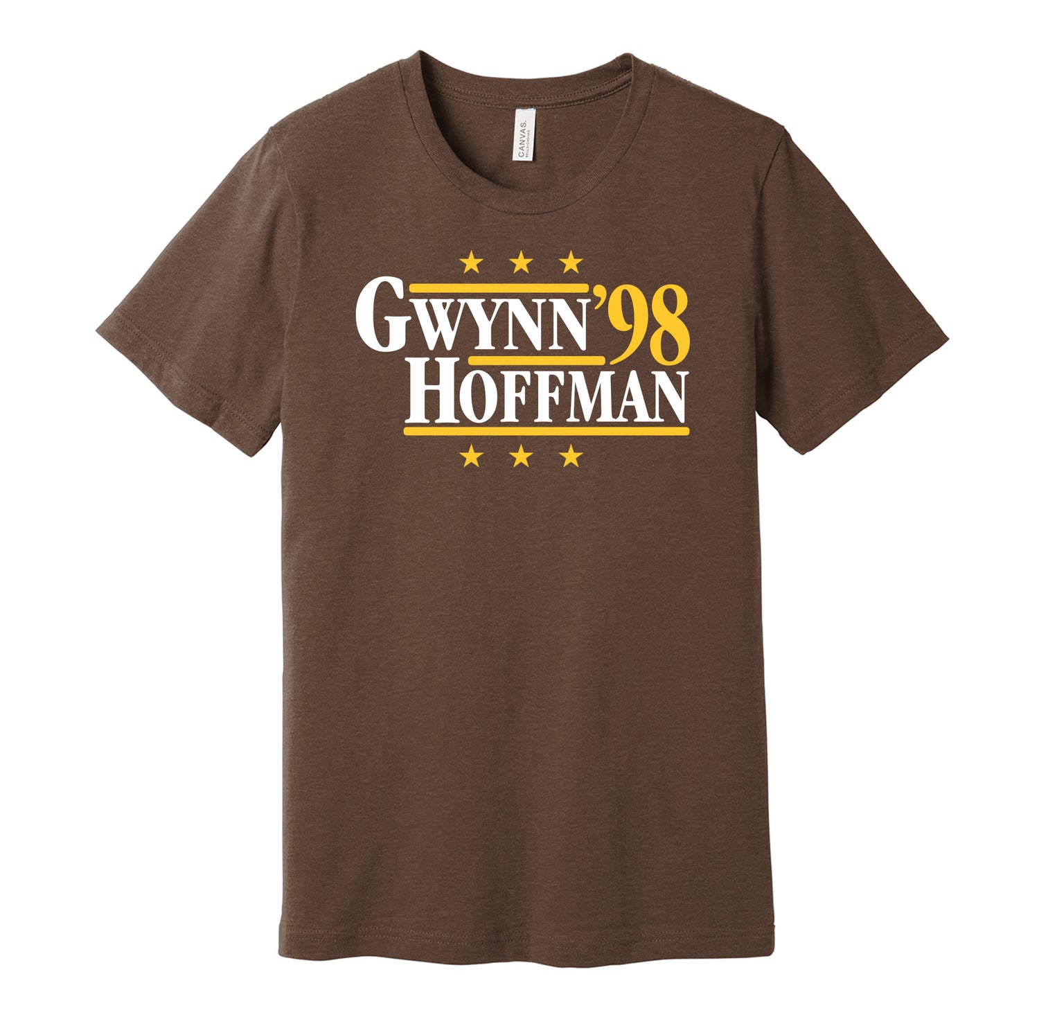 San Diego Padres retro political campaign parody brown t-shirt featuring Tony Gwynn and Trevor Hoffman '98, designed in a vintage election style by Hyper Than Hype Shirts.