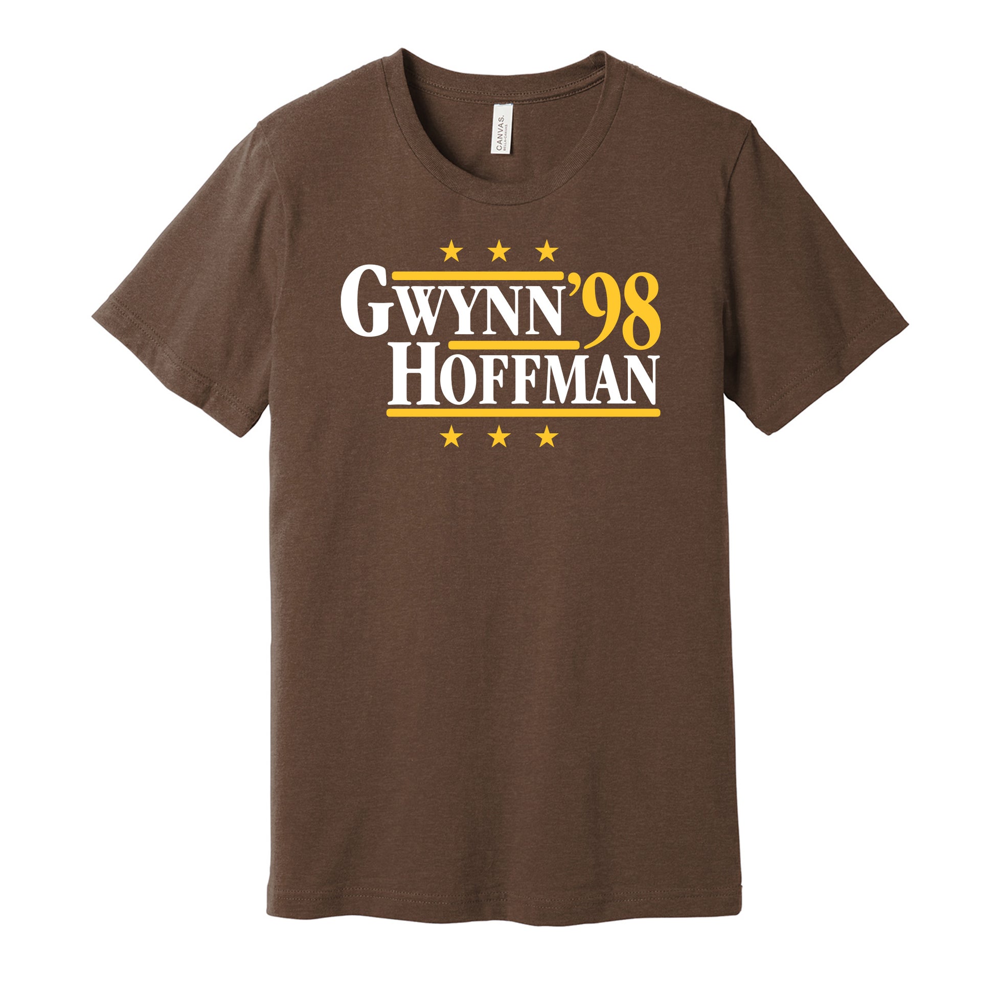 San Diego Padres retro political campaign parody brown t-shirt featuring Tony Gwynn and Trevor Hoffman '98, designed in a vintage election style by Hyper Than Hype Shirts.