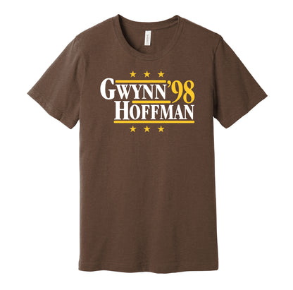 San Diego Padres retro political campaign parody brown t-shirt featuring Tony Gwynn and Trevor Hoffman '98, designed in a vintage election style by Hyper Than Hype Shirts.