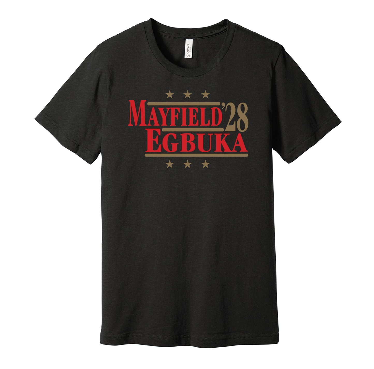 Tampa Bay Buccaneers retro political campaign parody black t-shirt featuring Baker Mayfield and Emeka Egbuka '28, designed in a vintage election style by Hyper Than Hype Shirts.