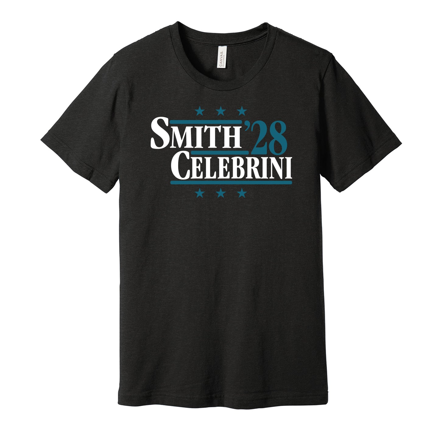 San Jose Sharks retro political campaign parody black t-shirt featuring Will Smith and Macklin Celebrini '28, designed in a vintage election style by Hyper Than Hype Shirts.