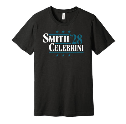 San Jose Sharks retro political campaign parody black t-shirt featuring Will Smith and Macklin Celebrini '28, designed in a vintage election style by Hyper Than Hype Shirts.