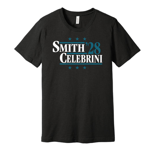 San Jose Sharks retro political campaign parody black t-shirt featuring Will Smith and Macklin Celebrini '28, designed in a vintage election style by Hyper Than Hype Shirts.