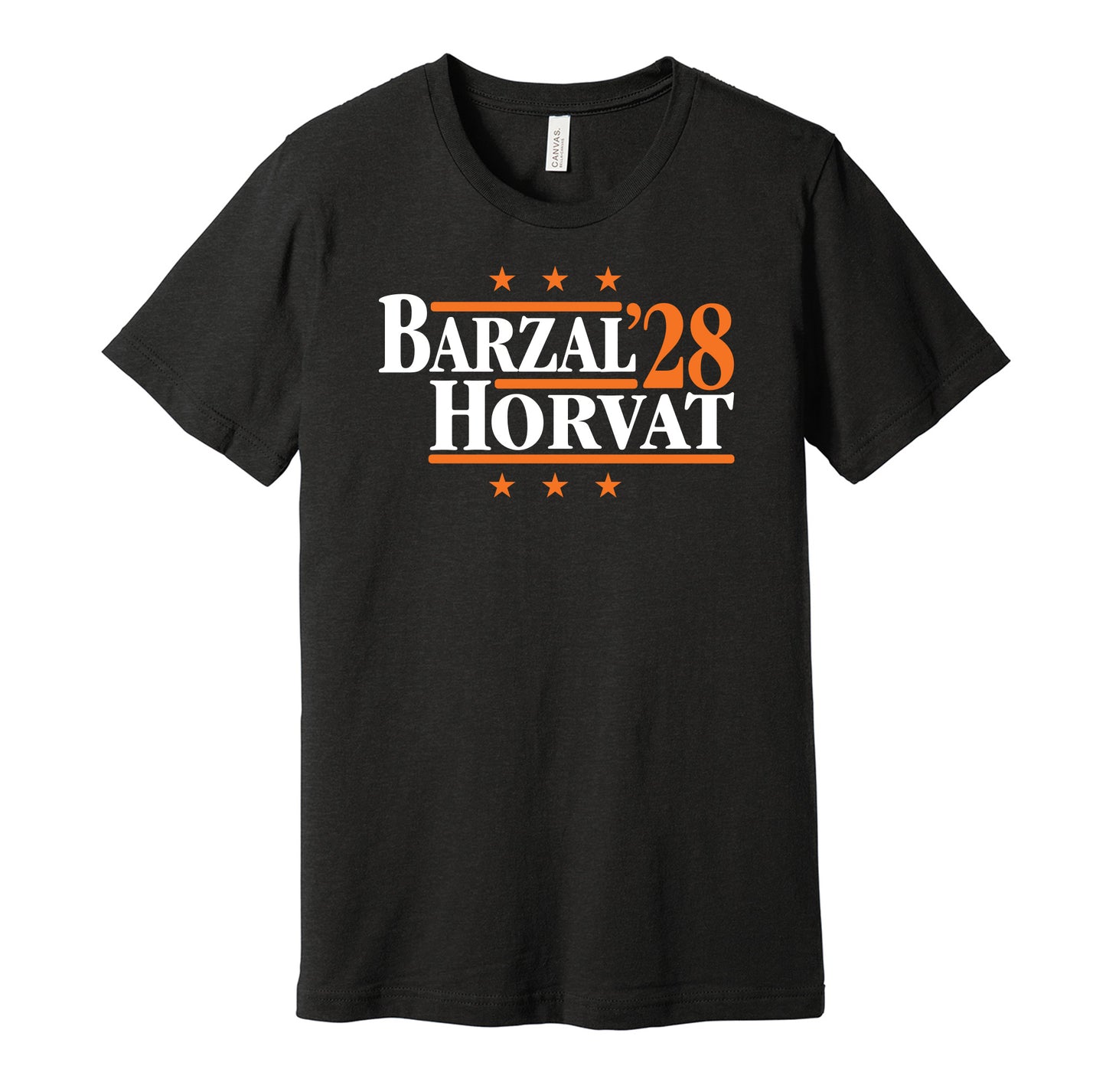 New York Islanders retro political campaign parody black t-shirt featuring Mathew Barzal and Bo Horvat '28 design