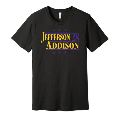 Minnesota Vikings retro political campaign parody black t-shirt featuring Justin Jefferson and Jordan Addison '28, designed in a vintage election style by Hyper Than Hype Shirts.