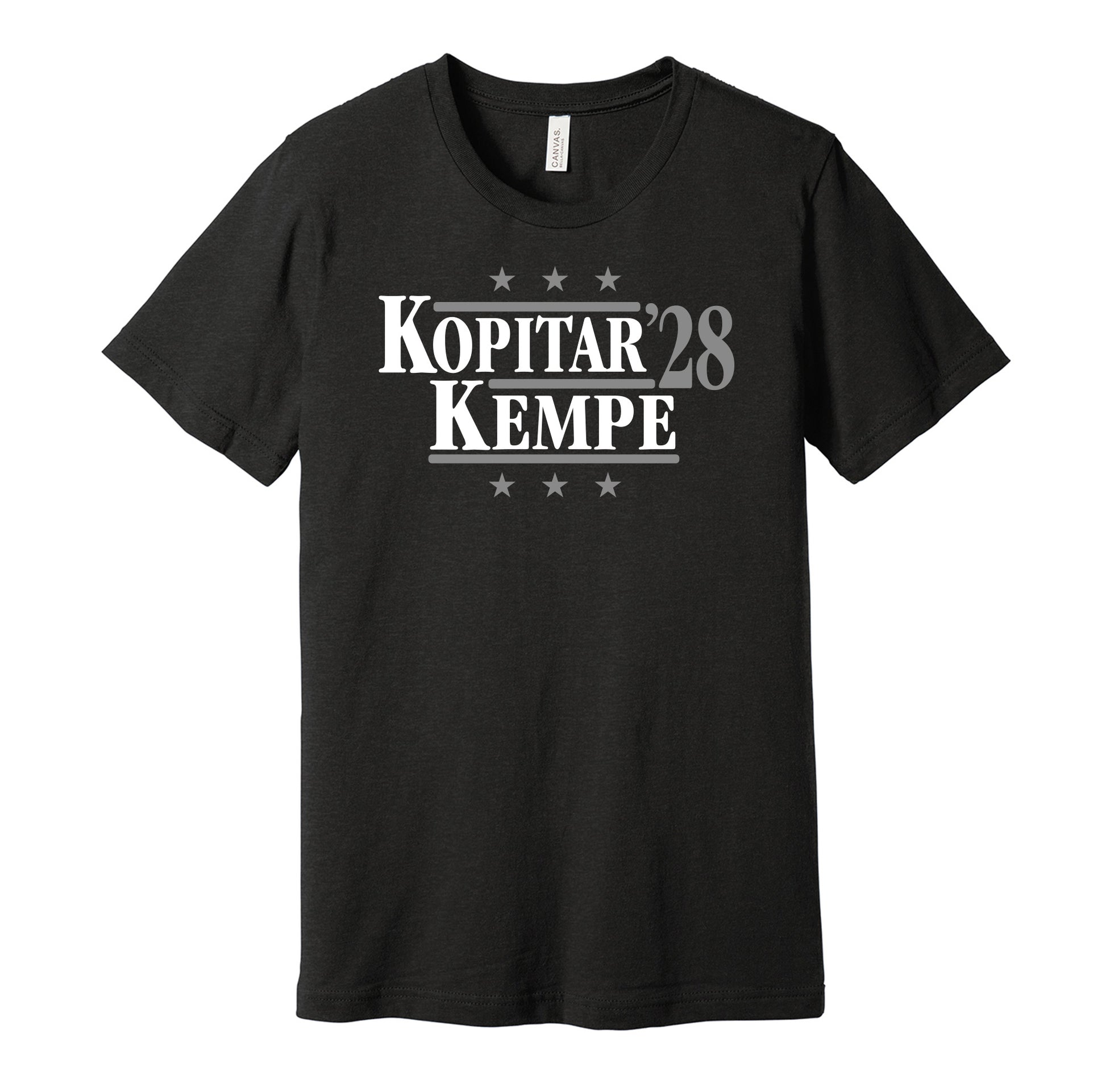 Los Angeles Kings retro political campaign parody black t-shirt featuring Anze Kopitar and Adrian Kempe '28, designed in a vintage election style by Hyper Than Hype Shirts.