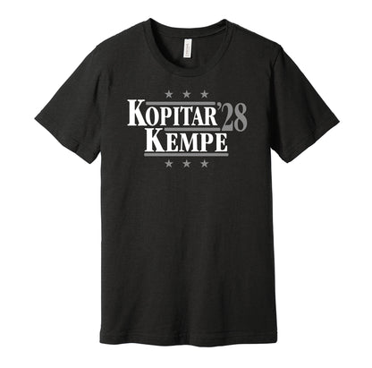 Los Angeles Kings retro political campaign parody black t-shirt featuring Anze Kopitar and Adrian Kempe '28, designed in a vintage election style by Hyper Than Hype Shirts.
