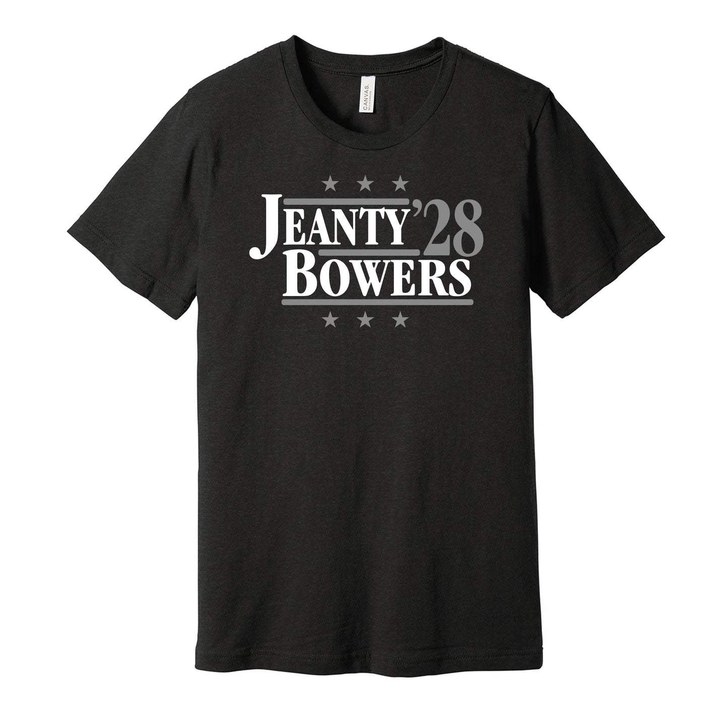 Las Vegas Raiders retro political campaign parody black t-shirt featuring Ashton Jeanty and Brock Bowers '28, designed in a vintage election style by Hyper Than Hype Shirts.