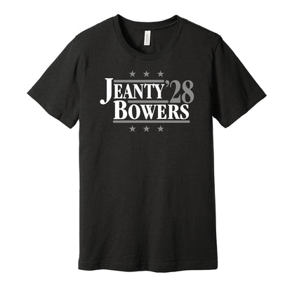 Las Vegas Raiders retro political campaign parody black t-shirt featuring Ashton Jeanty and Brock Bowers '28, designed in a vintage election style by Hyper Than Hype Shirts.