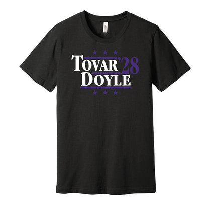 Colorado Rockies retro political campaign parody black t-shirt featuring Ezequiel Tovar and Brenton Doyle '28, designed in a vintage election style by Hyper Than Hype Shirts.