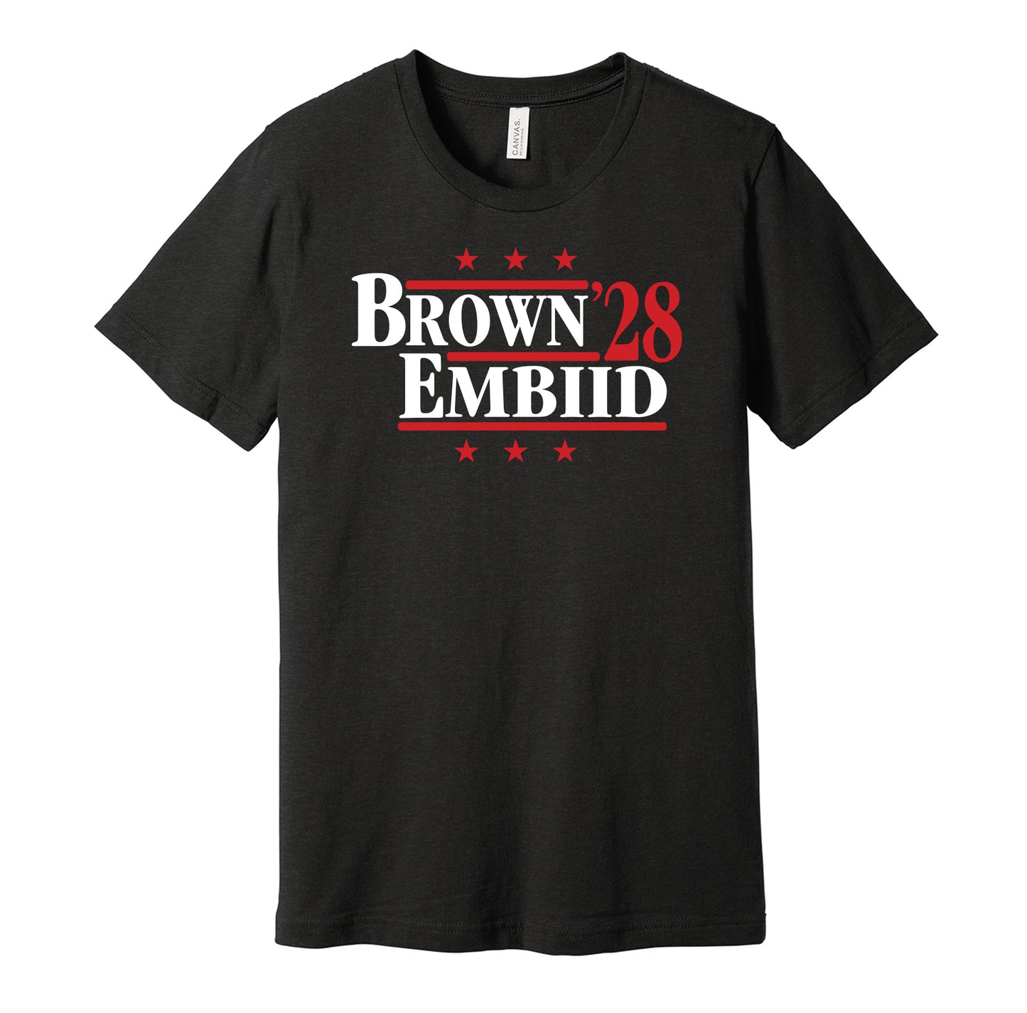 Philadelphia 76ers retro political campaign parody black t-shirt featuring Jaylen Brown and Joel Embiid '28, designed in a vintage election style by Hyper Than Hype Shirts.