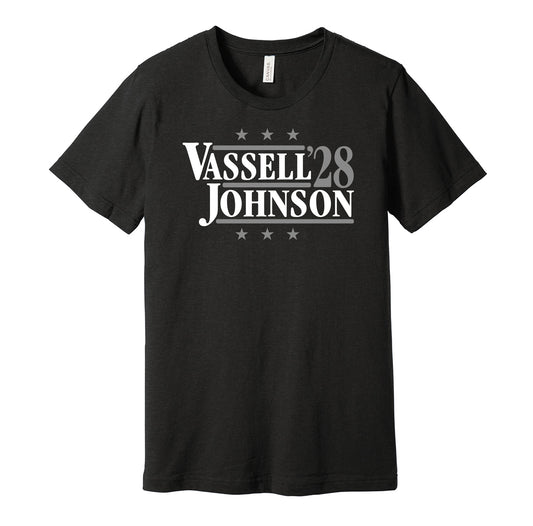 San Antonio Spurs retro political campaign parody black t-shirt featuring Devin Vassell and Keldon Johnson '28, designed in a vintage election style by Hyper Than Hype Shirts.