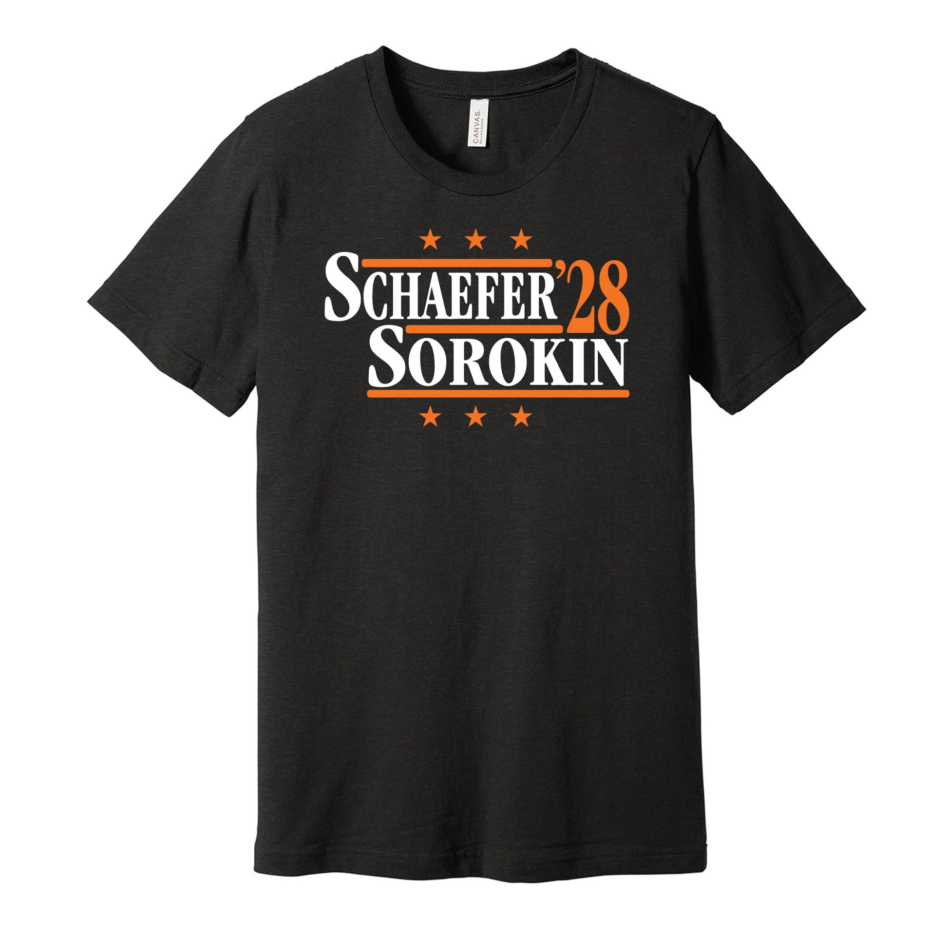 Islanders political campaign parody black t-shirt featuring Matthew Schaefer and Ilya Sorokin '28, by Hyper Than Hype Shirts.