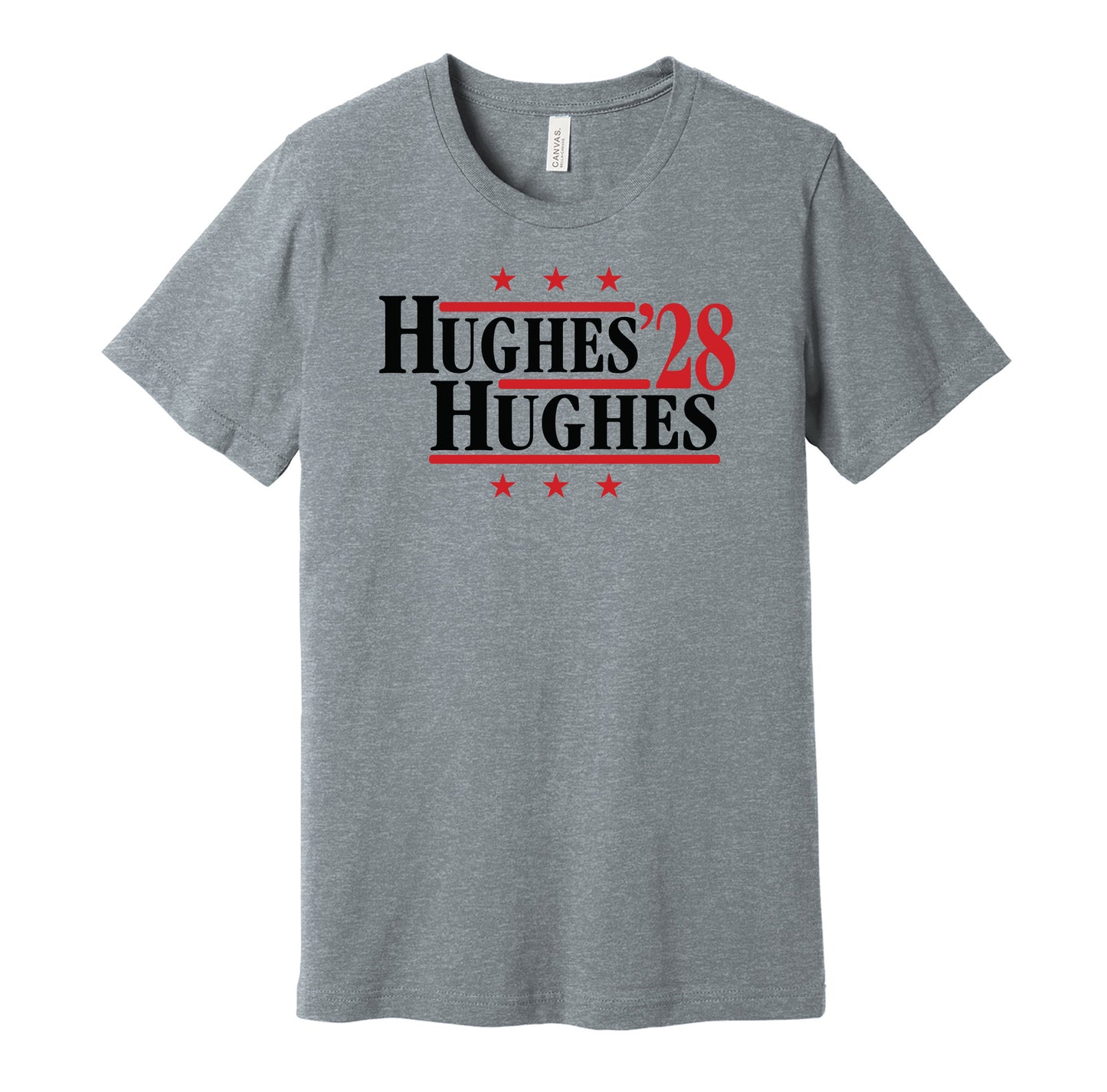 New Jersey Devils retro political campaign parody grey t-shirt featuring Jack Hughes and Luke Hughes '28, designed in a vintage election style by Hyper Than Hype Shirts.
