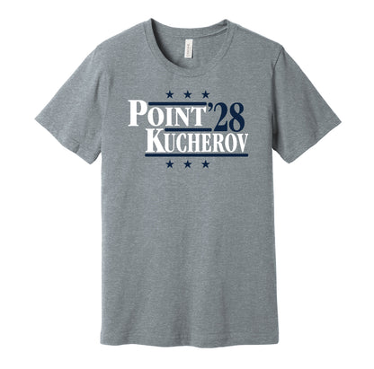 Tampa Bay Lightning retro political campaign parody grey t-shirt featuring Brayden Point and Nikita Kucherov '28, designed in a vintage election style by Hyper Than Hype Shirts.