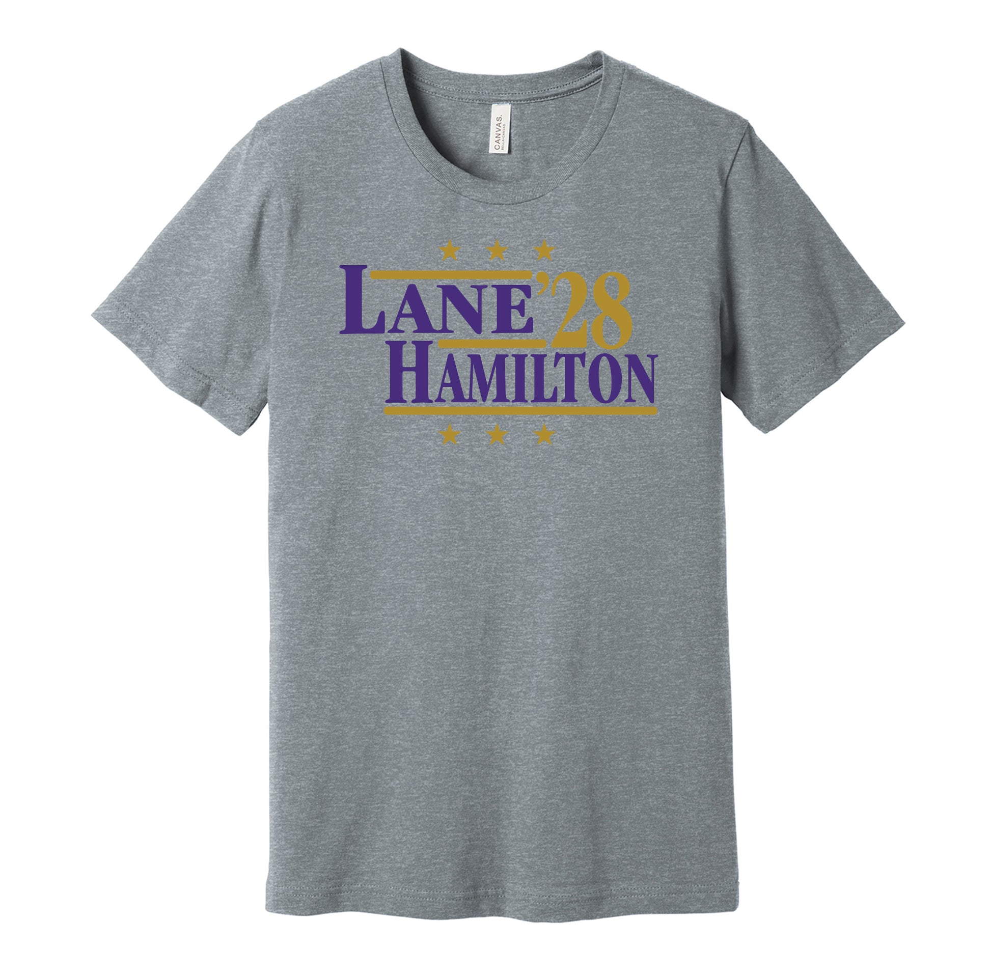 Baltimore Ravens retro political campaign parody grey t-shirt featuring Ja'Kobi Lane and Kyle Hamilton '28, designed in a vintage election style by Hyper Than Hype Shirts.
