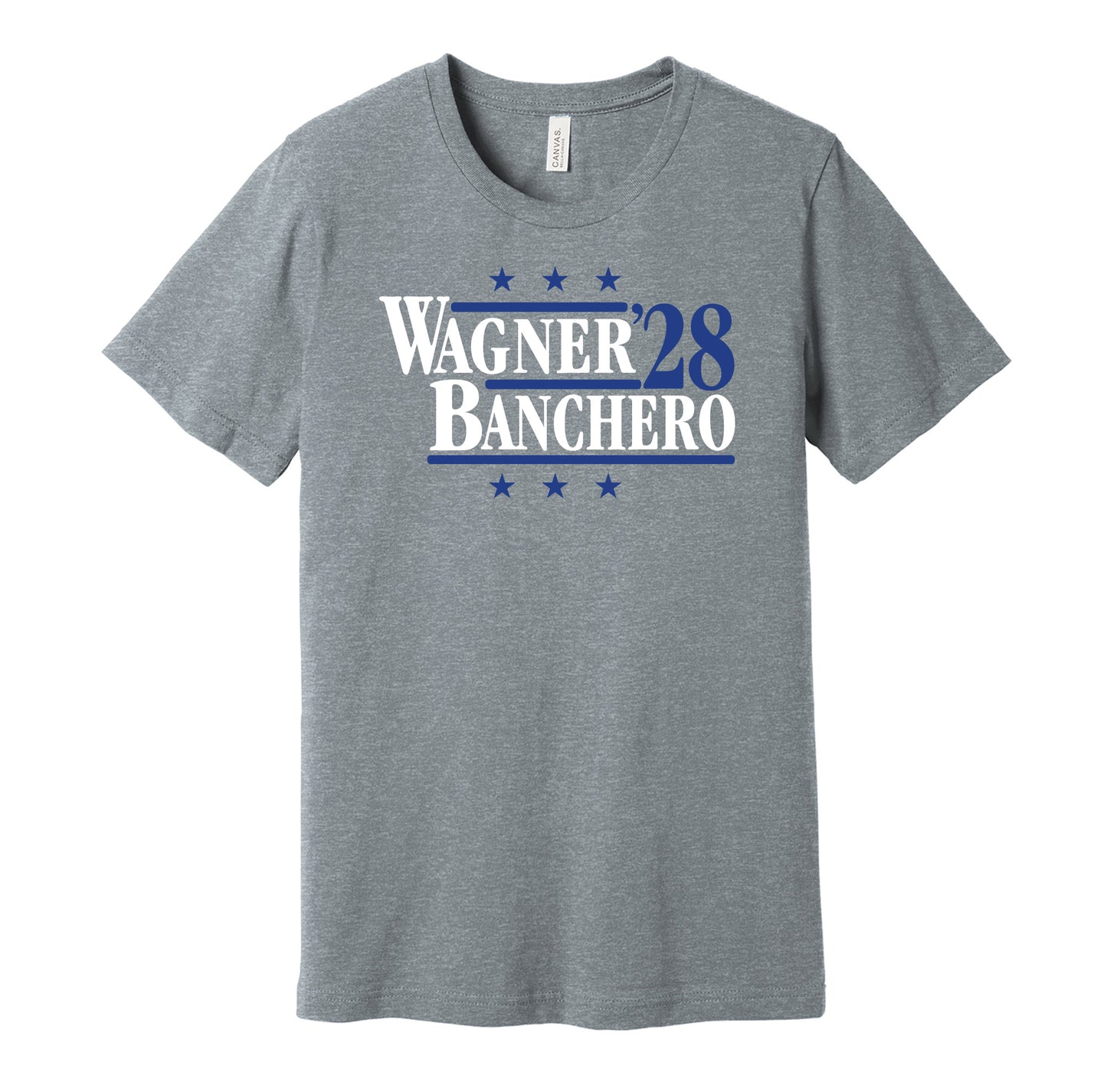 Orlando Magic retro political campaign parody grey t-shirt featuring Franz Wagner and Paolo Banchero '28, designed in a vintage election style by Hyper Than Hype Shirts.