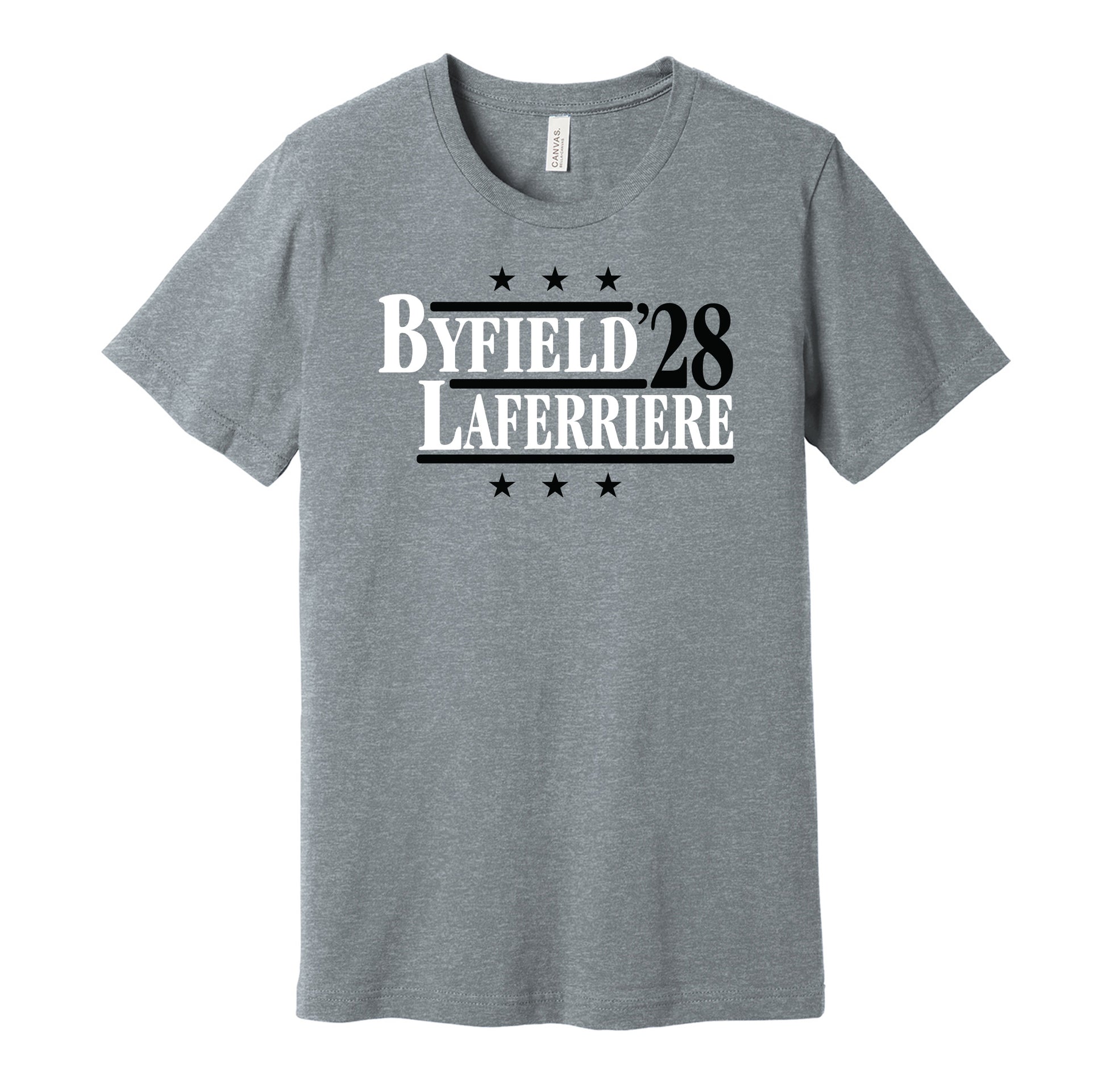 LA Kings retro political campaign parody grey t-shirt featuring Quinton Byfield and Alex Laferriere '28, designed in a vintage election style by Hyper Than Hype Shirts.