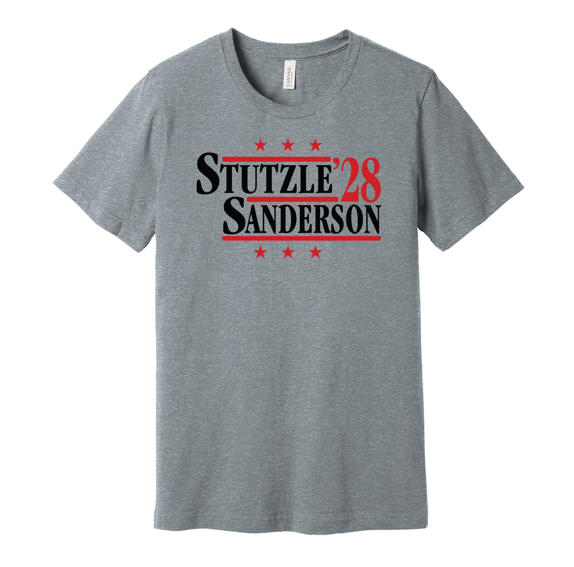 Ottawa Senators retro political campaign parody grey t-shirt featuring Tim Stützle and Jake Sanderson '28, designed in a vintage election style by Hyper Than Hype Shirts.