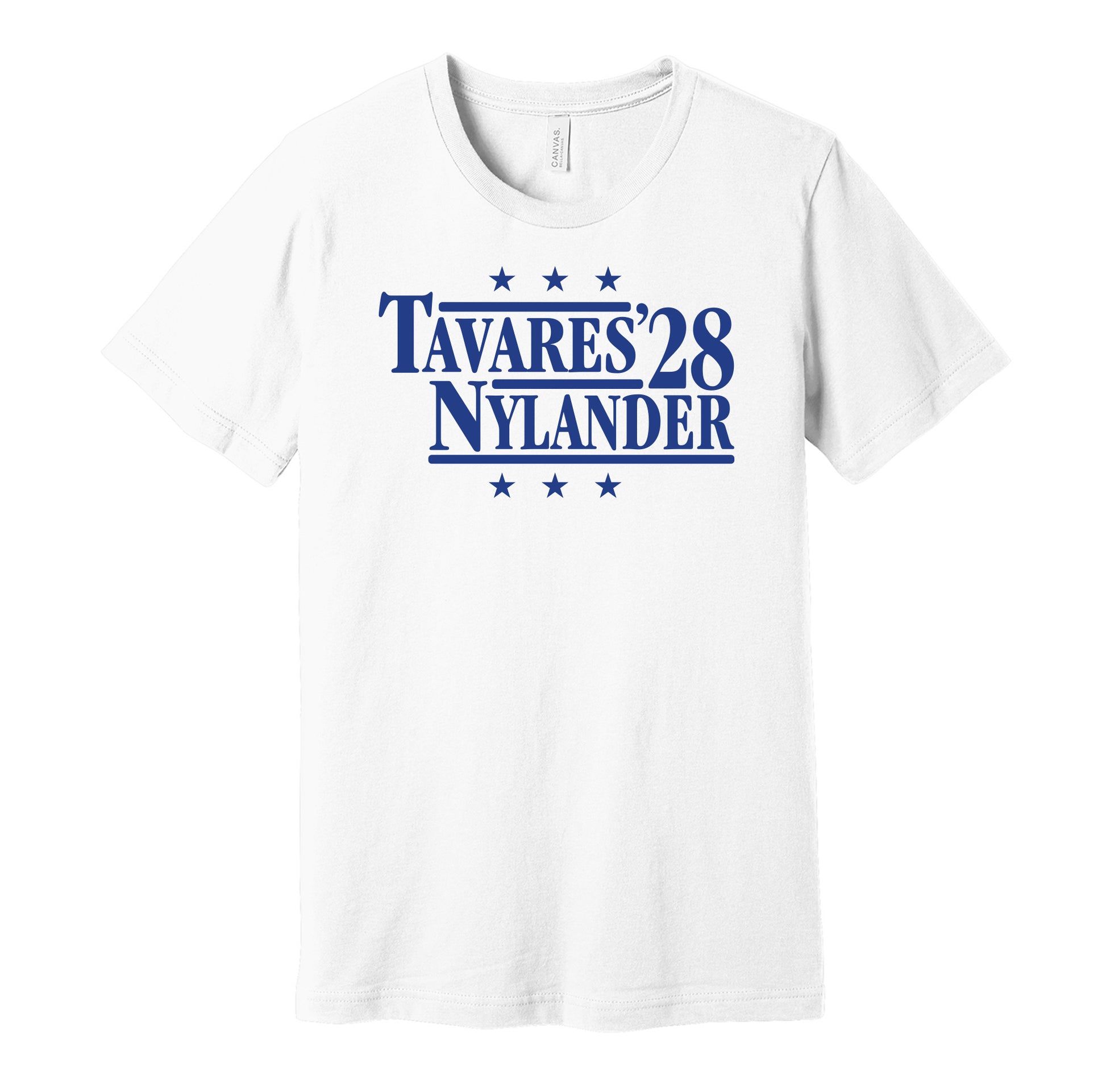 Toronto Maple Leafs retro political campaign parody white t-shirt featuring John Tavares and William Nylander '28, designed in a vintage election style by Hyper Than Hype Shirts.