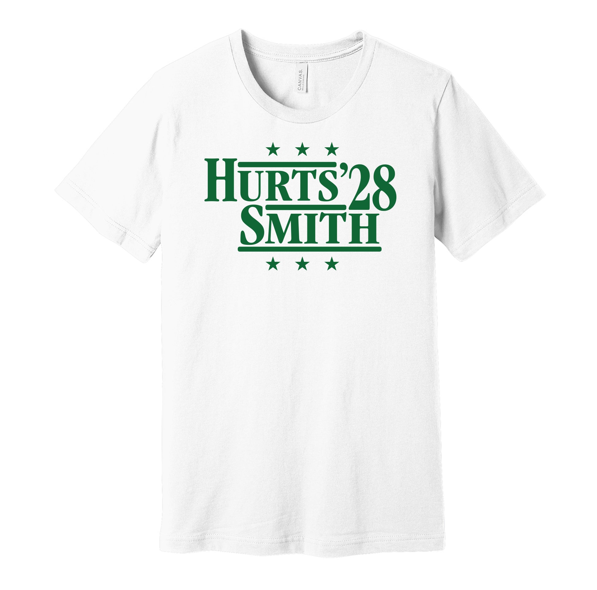 Philadelphia Eagles retro political campaign parody white  t-shirt featuring Jalen Hurts and DeVonta Smith '28, designed in a vintage election style by Hyper Than Hype Shirts.