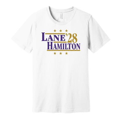 Baltimore Ravens retro political campaign parody white t-shirt featuring Ja'Kobi Lane and Kyle Hamilton '28, designed in a vintage election style by Hyper Than Hype Shirts.