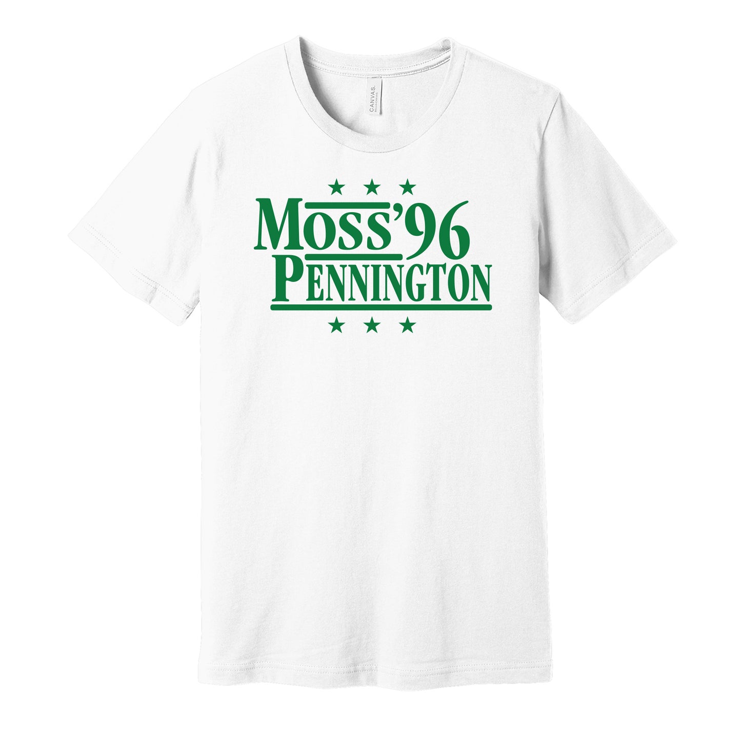 Marshall Thundering Herd retro political campaign parody white t-shirt featuring Randy Moss and Chad Pennington '96, designed in a vintage election style by Hyper Than Hype Shirts.