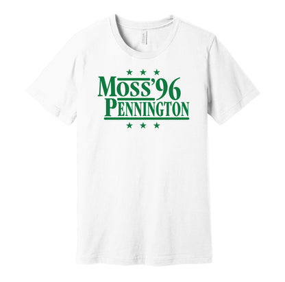 Marshall Thundering Herd retro political campaign parody white t-shirt featuring Randy Moss and Chad Pennington '96, designed in a vintage election style by Hyper Than Hype Shirts.