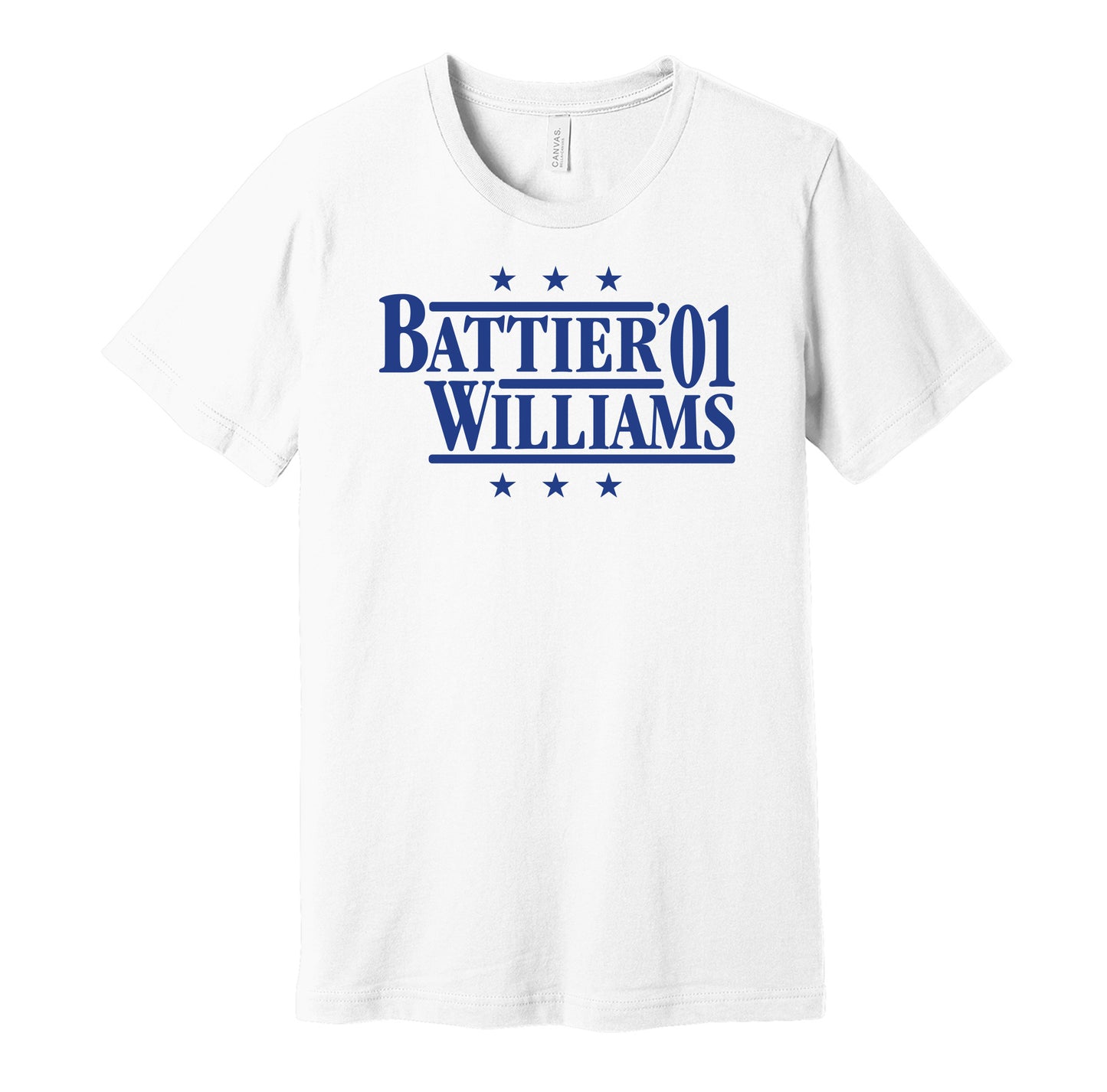 Duke Blue Devils retro political campaign parody white  t-shirt featuring Shane Battier and Jay Williams '01, designed in a vintage election style by Hyper Than Hype Shirts.