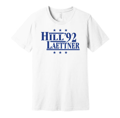 Duke Blue Devils retro political campaign parody white t-shirt featuring Grant Hill and Christian Laettner '92, designed in a vintage election style by Hyper Than Hype Shirts.