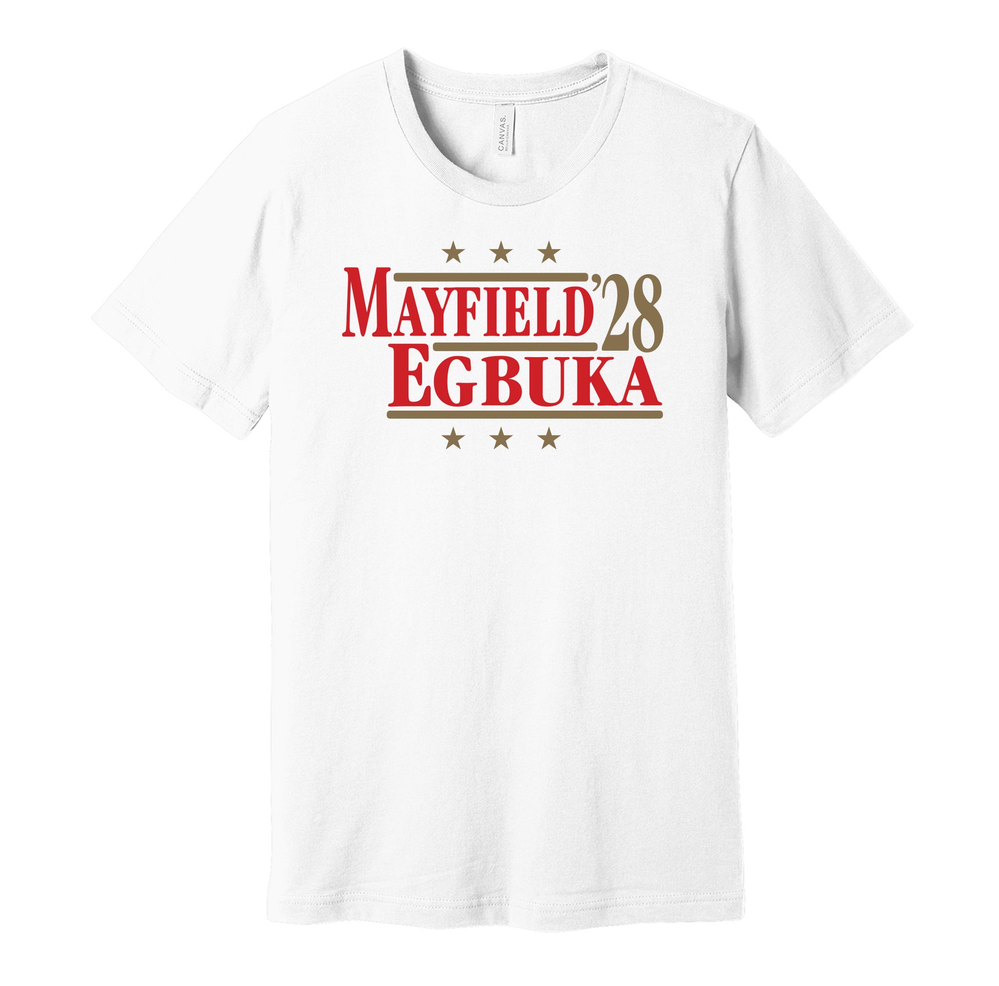 Tampa Bay Buccaneers retro political campaign parody white t-shirt featuring Baker Mayfield and Emeka Egbuka '28, designed in a vintage election style by Hyper Than Hype Shirts.