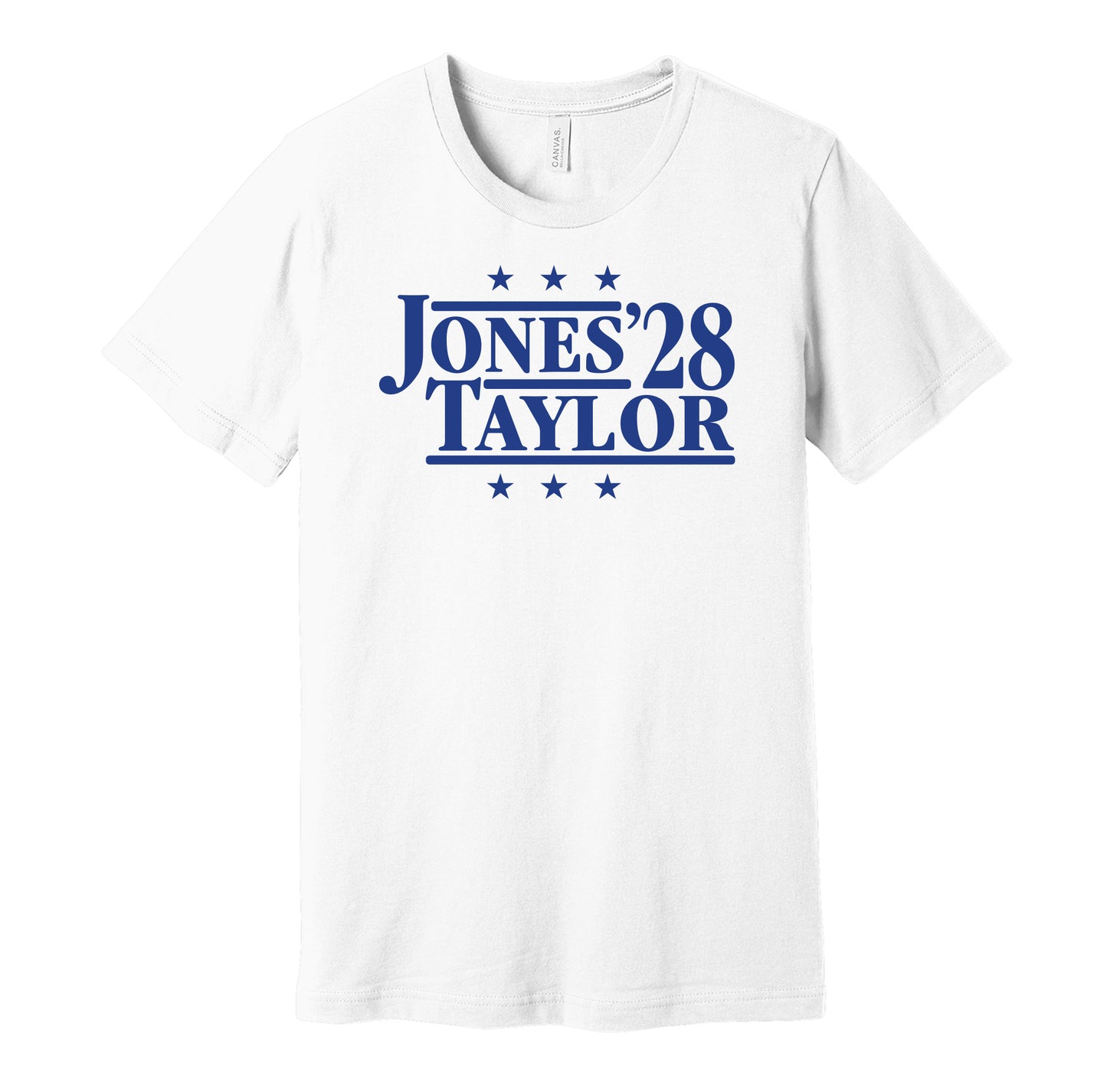 Indianapolis Colts retro political campaign parody white t-shirt featuring Daniel Jones and Jonathan Taylor '28, designed in a vintage election style by Hyper Than Hype Shirts.