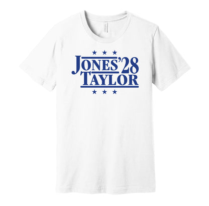 Indianapolis Colts retro political campaign parody white t-shirt featuring Daniel Jones and Jonathan Taylor '28, designed in a vintage election style by Hyper Than Hype Shirts.