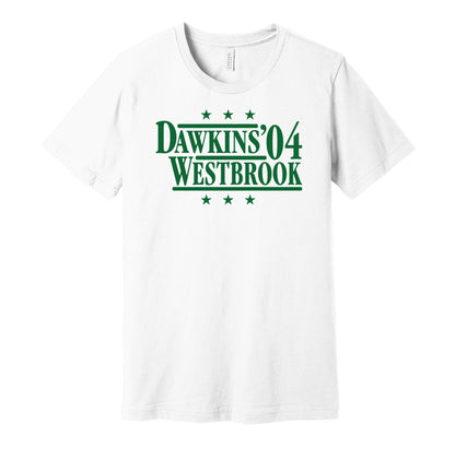 Philadelphia Eagles retro political campaign parody white t-shirt featuring Brian Dawkins and Brian Westbrook '04, designed in a vintage election style by Hyper Than Hype Shirts.