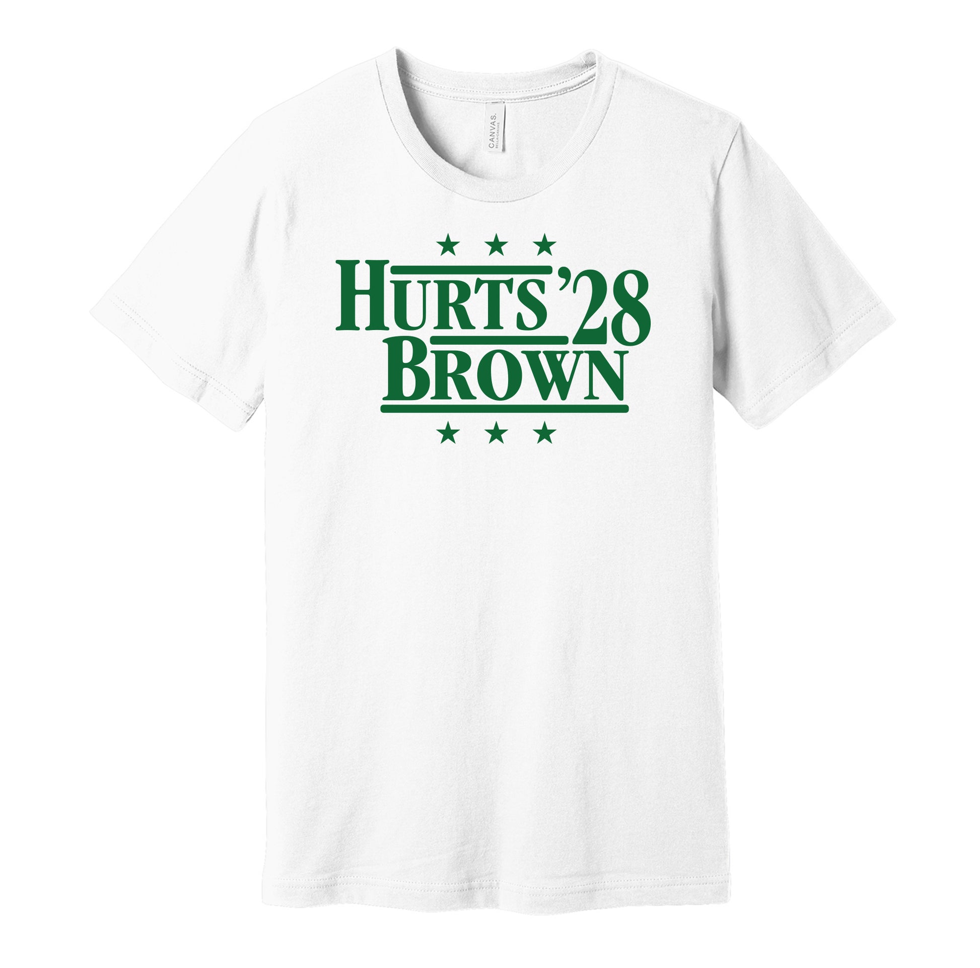 Philadelphia Eagles retro political campaign parody white t-shirt featuring Jalen Hurts and A.J. Brown '28, designed in a vintage election style by Hyper Than Hype Shirts.