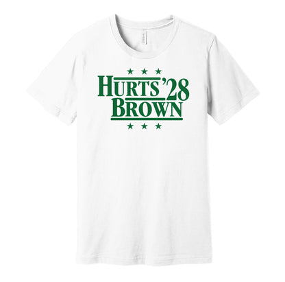 Philadelphia Eagles retro political campaign parody white t-shirt featuring Jalen Hurts and A.J. Brown '28, designed in a vintage election style by Hyper Than Hype Shirts.