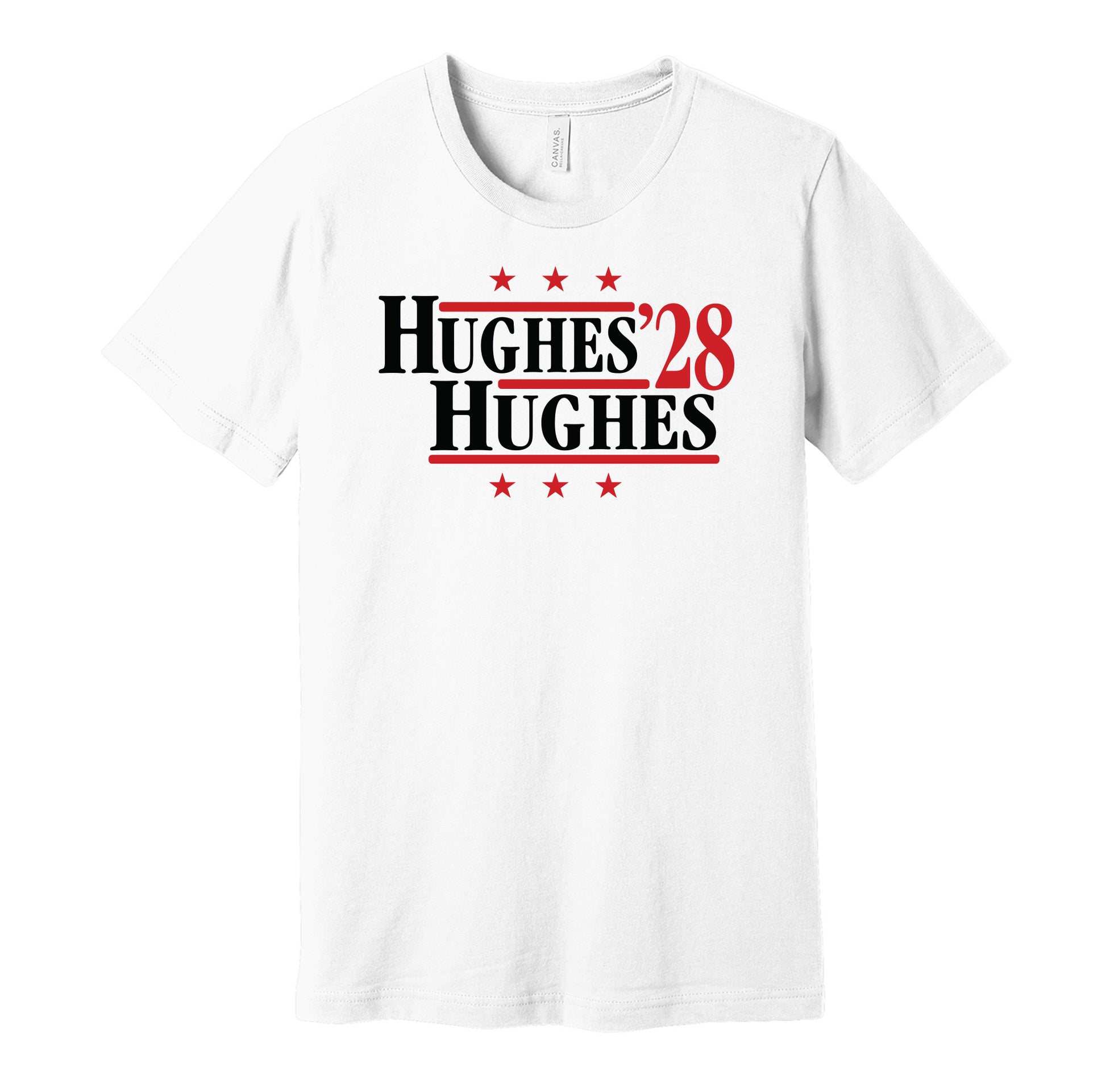 New Jersey Devils retro political campaign parody white t-shirt featuring Jack Hughes and Luke Hughes '28, designed in a vintage election style by Hyper Than Hype Shirts.