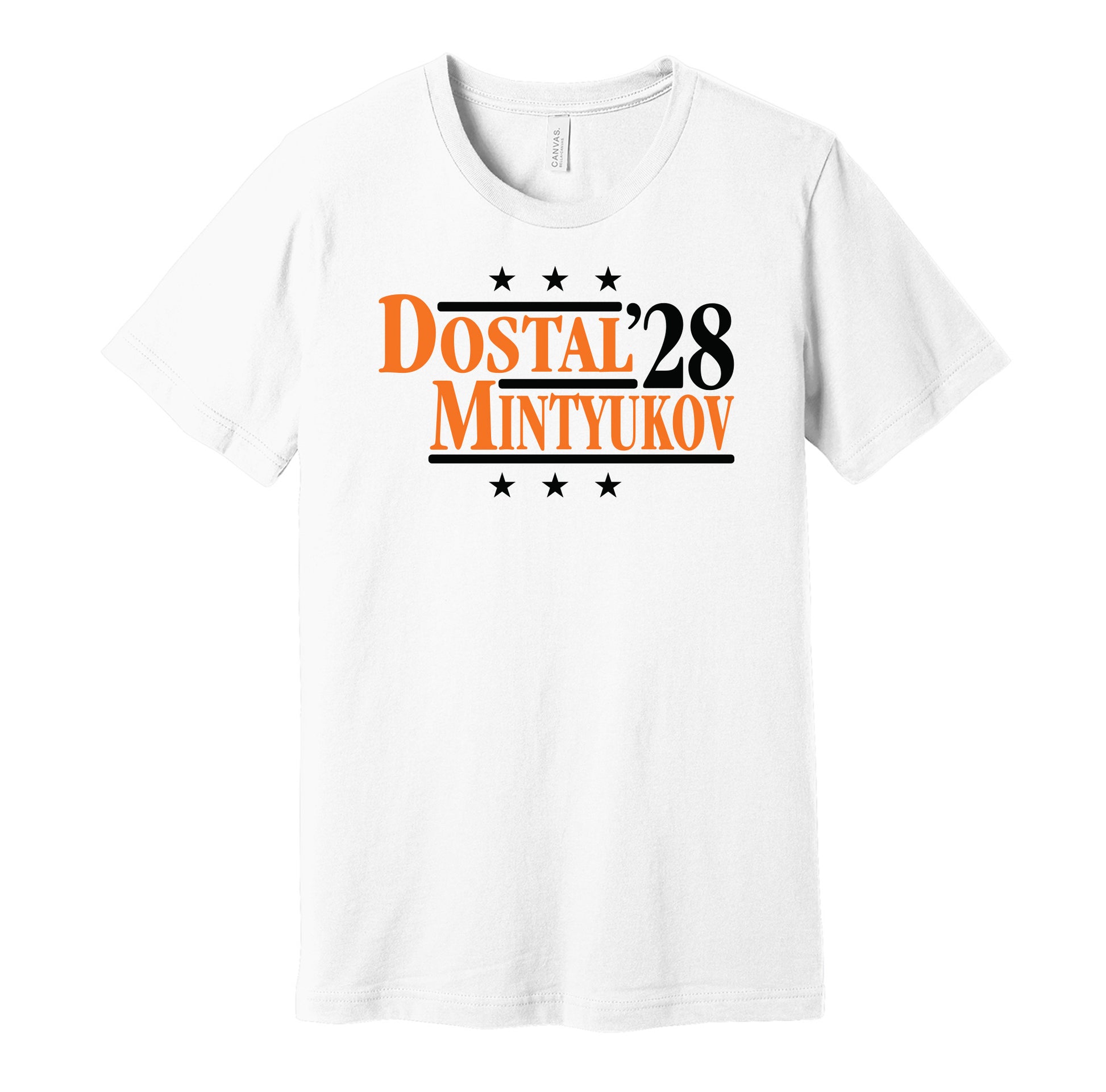 Anaheim Ducks retro political campaign parody white t-shirt featuring Lukas Dostal and Pavel Mintyukov '28, designed in a vintage election style by Hyper Than Hype Shirts.