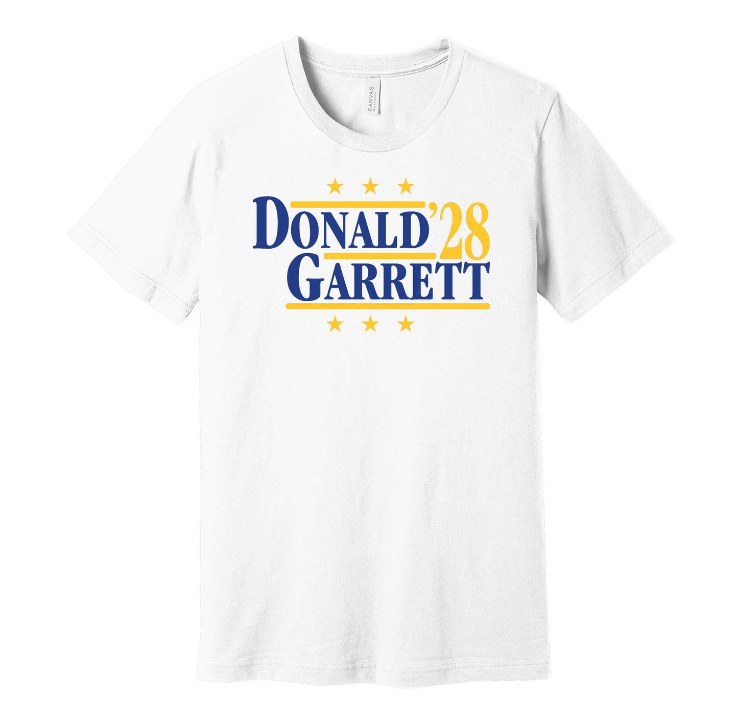 Los Angeles Rams retro political campaign parody white t-shirt featuring Aaron Donald and Myles Garrett '28, designed in a vintage election style by Hyper Than Hype Shirts.