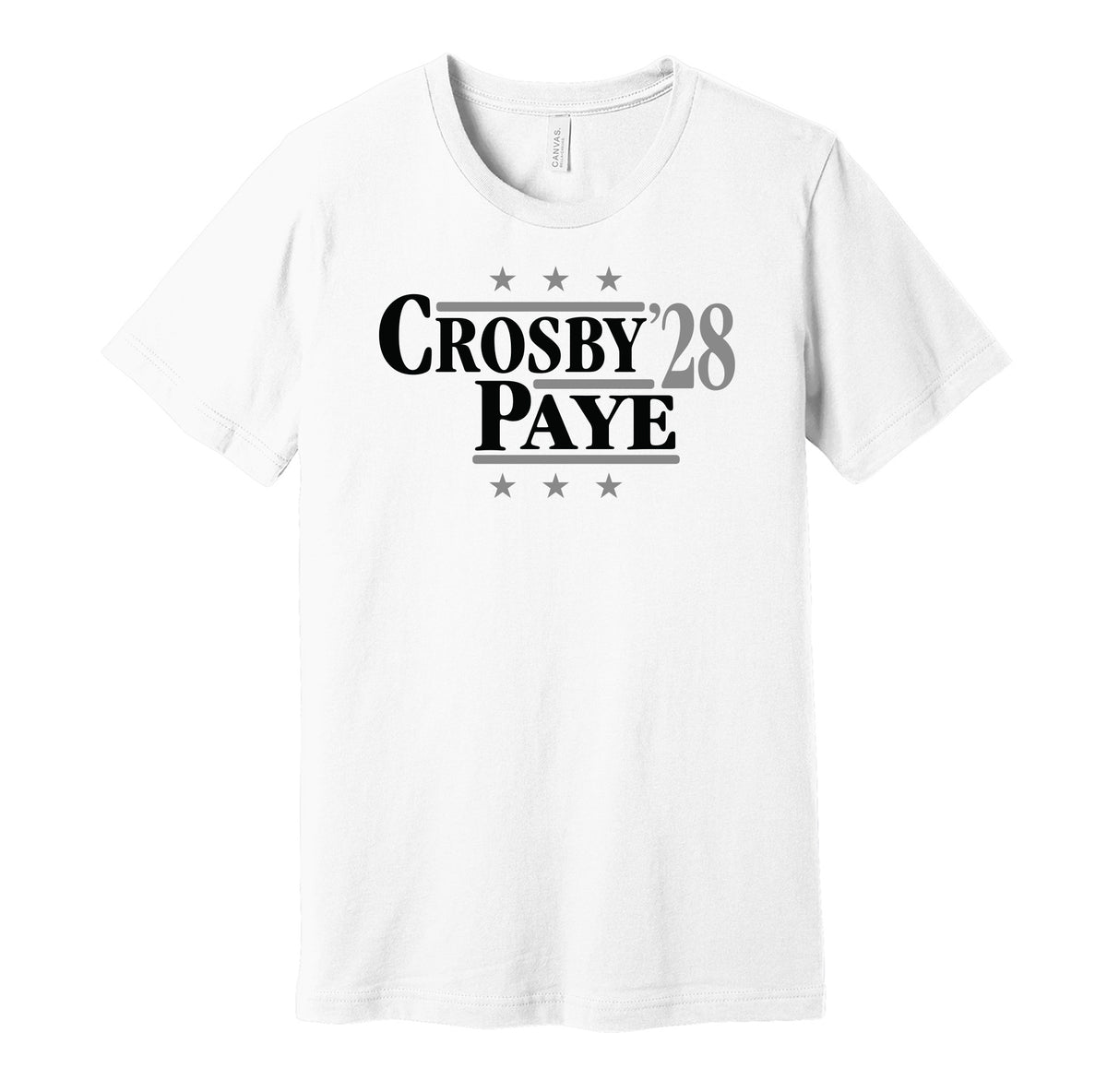 Las Vegas Raiders retro political campaign parody white t-shirt featuring Maxx Crosby and Kwity Paye '28, designed in a vintage election style by Hyper Than Hype Shirts.