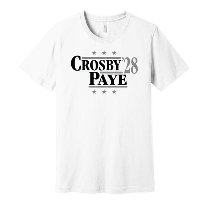 Las Vegas Raiders retro political campaign parody white t-shirt featuring Maxx Crosby and Kwity Paye '28, designed in a vintage election style by Hyper Than Hype Shirts.