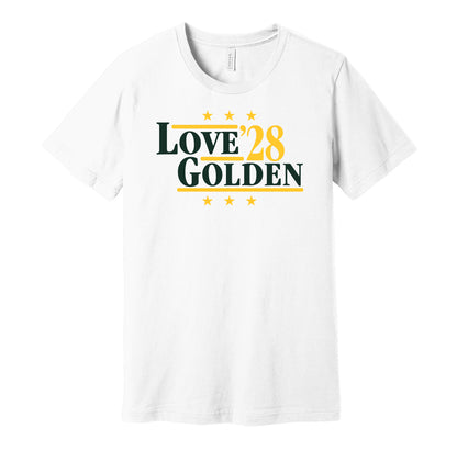 Green Bay Packers retro political campaign parody white t-shirt featuring Jordan Love and Matthew Golden '28, designed in a vintage election style by Hyper Than Hype Shirts.