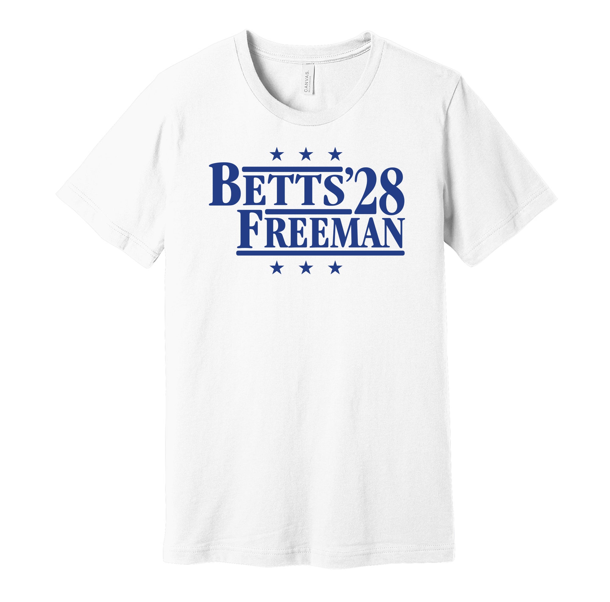 Los Angeles Dodgers retro political campaign parody white t-shirt featuring Mookie Betts and Freddie Freeman '28, designed in a vintage election style by Hyper Than Hype Shirts.