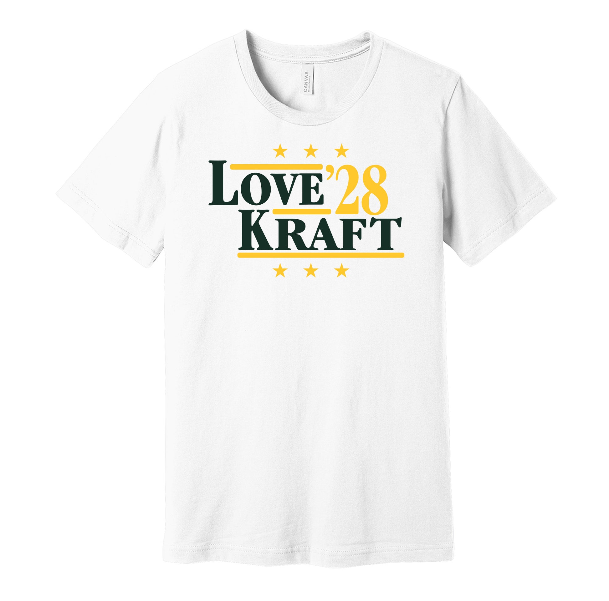 Green Bay Packers retro political campaign parody white t-shirt featuring Jordan Love and Tucker Kraft '28, designed in a vintage election style by Hyper Than Hype Shirts.
