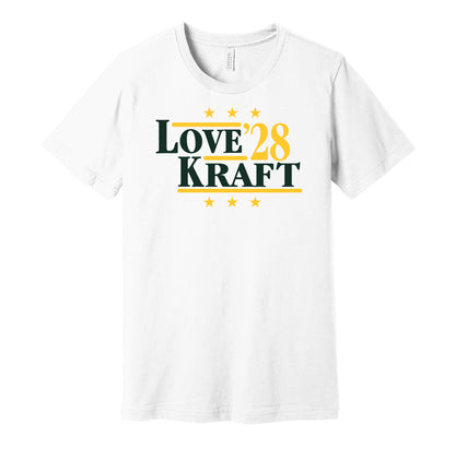 Green Bay Packers retro political campaign parody white t-shirt featuring Jordan Love and Tucker Kraft '28, designed in a vintage election style by Hyper Than Hype Shirts.