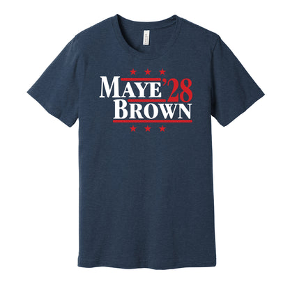 New England Patriots retro political campaign parody navy blue t-shirt featuring Drake Maye and A.J. Brown '28, designed in a vintage election style by Hyper Than Hype Shirts.