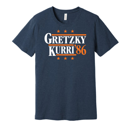Edmonton Oilers retro political campaign parody navy t-shirt featuring Wayne Gretzky and Jari Kurri '86, designed in a vintage election style by Hyper Than Hype Shirts.
